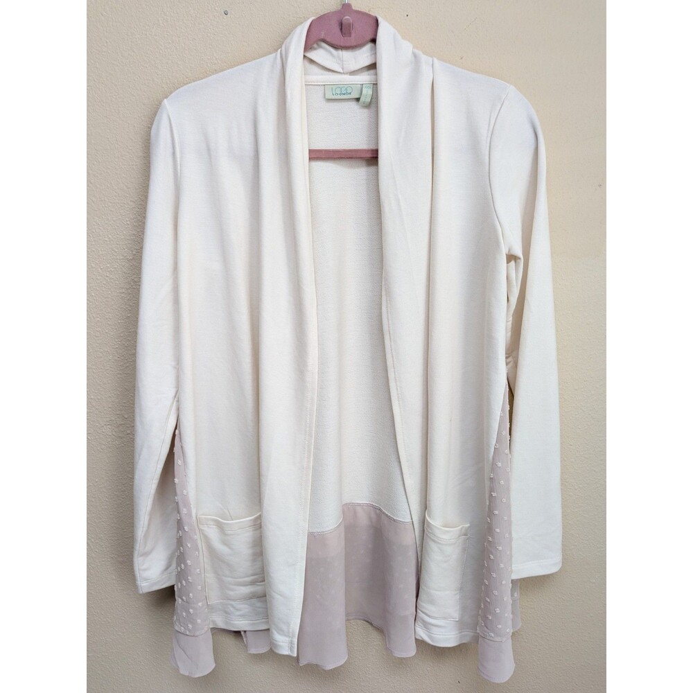 LOGO Lounge Cream French Terry Peplum Cardigan Tan Chiffon Hem Size XXS